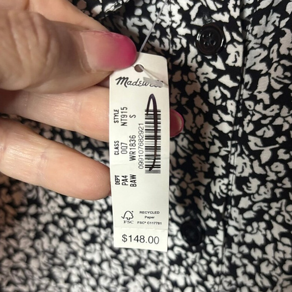 Madewell Black White Floral Tiered Mini Dress Long Sleeve Collared S NWT - Picture 9 of 9